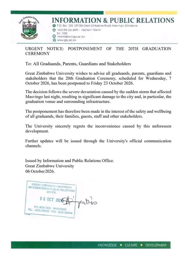 JohnKleer01's tweet photo. Great Zinbabwe University  has postponed it's Graduation Ceremony. This is purely #ubuntu. #PanAfricanism teaches us not to celebrate whilst our neighbor is at a funeral. https://t.co/rCxM9vVvb8