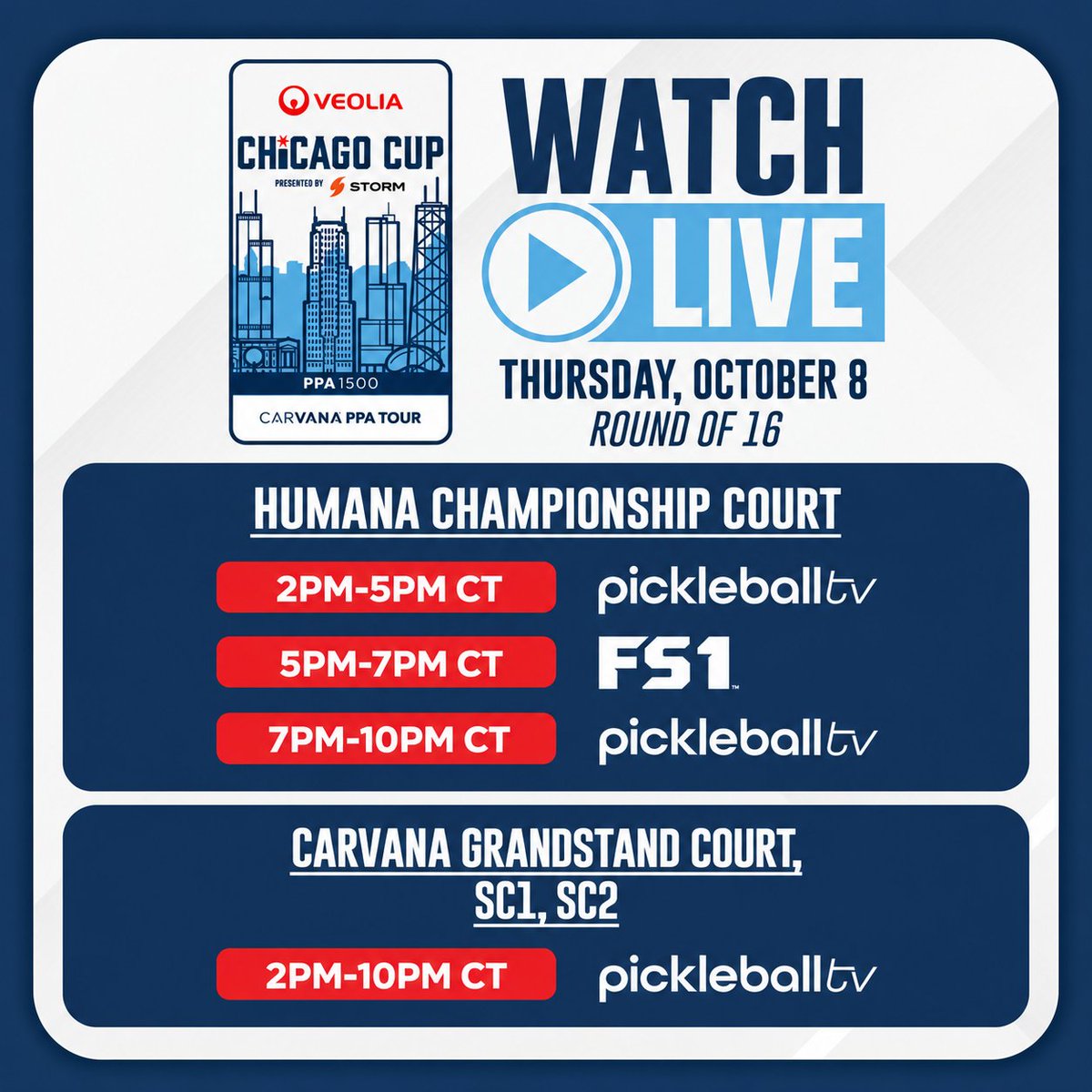 PPAtour's tweet photo. Round of 16 at the Veolia Chicago Cup! 🏓

Thursday, Oct. 8 — all times CT:
Humana: @pickleballtv 2–5 PM &amp; 7–10 PM; FS1 5–7 PM.
Grandstand, SC1 &amp; SC2: Pickleballtv 2–10 PM.

#PPATour #ChicagoCup https://t.co/mNw0yTxHxz
