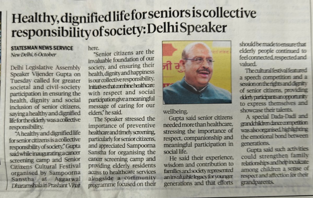 KrishanChug's tweet photo. Attached newspaper report  of the day on 'dignified life for senior citizebs' and Reality from  a senior citizens aged 73 living with his scared wife aged 71 for his dignity and safety.   Today, after 13 years of relentless struggle, lawlessness leaves me unable to drive, forced to dodge obstructions on pathways, breathing impure air, and facing total insensitivity to unchecked noise pollution.
​Nice to know about @DCPWestDelhi  'Birthday Initiative', but my own 73rd birthday was ignored at least  for five successive years. Fighting for a congenial environment without dislodging anyone—while keeping constructive solutions on the table—gets met with administrative apathy. To make matters worse, I am blocked on WhatsApp and silenced on @DCPWestDelhi for speaking truth. When intent fails to convert into reality, it is a senior's dignity—and a spouse's peace of mind—that pays the price.
​Will the authorities finally listen and help this senior citizen—a contributor of ₹50,000 to the Prime Minister's National Relief Fund—to live in dignity for another 13 productive years to contribute as an Author, Advocate, and Guest Faculty?
​CC:  @Gupta_vijender  @LtGovDelhi @CPDelhi @official_dda @MCD_Delhi @TheStatesmanLtd @IndianExpress @