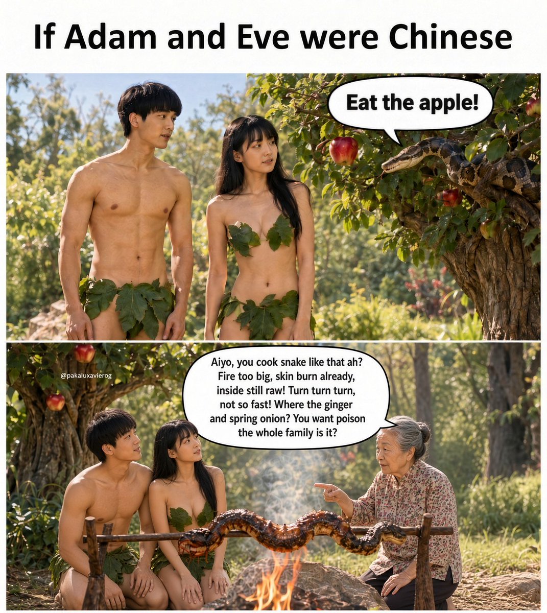 yang15_echo's tweet photo. 今日笑话：如果亚当夏娃是中国人🤣
第一幅是外国人让AI画的，
第二幅是中国人让AI补充的。
笑死我了。 https://t.co/8vzQ8CHbi9