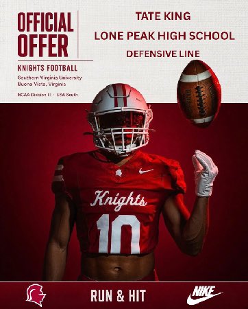 Tate_King27's tweet photo. I was blessed this evening after a talk with @Coach_EhornJr to get my FIRST ever offer to play college football at Southern Virginia University! @svuedu @knight_ftbl @LPKnightsFB @CadeHanson52405 #agtg https://t.co/tTIwGWm52q