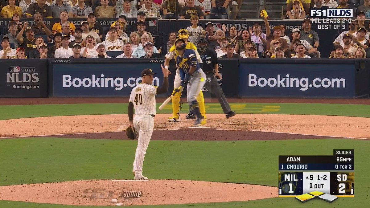 The post says "Jackson Chourio! Game tied, new game! #NLDS," referring to Chourio's game-tying hit off Padres pitcher Adam in Game 3 of the NLDS.

Caption: San Diego Padres pitcher Adam (40) walks off following a pitch to Brewers batter Chourio at Petco Park during the 2026 NLDS, with the scoreboard showing Milwaukee leading 2-1 in the top of the 5th inning (1 out, 1-2 count) before Chourio's at-bat that would tie the game.