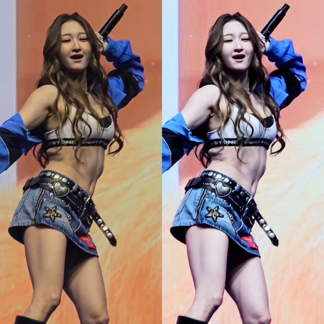 A young woman with long wavy hair performs on stage in a white crop top and denim skirt with a studded belt, holding a microphone while wearing a blue jacket. The side-by-side comparison highlights her pose and outfit in two similar frames, matching the fan's request to capture a clear clip from the performance at Fanival.