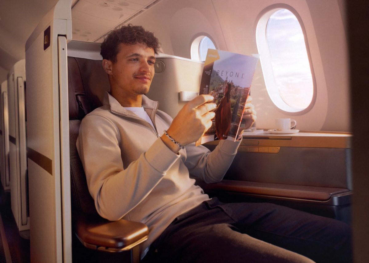 IamDMarge's tweet photo. Lando Norris Swaps The Halo For A Lie-Flat In Etihad's New Business Class Campaign https://t.co/Kxo1ztWsv9 https://t.co/7gC5dVNurX