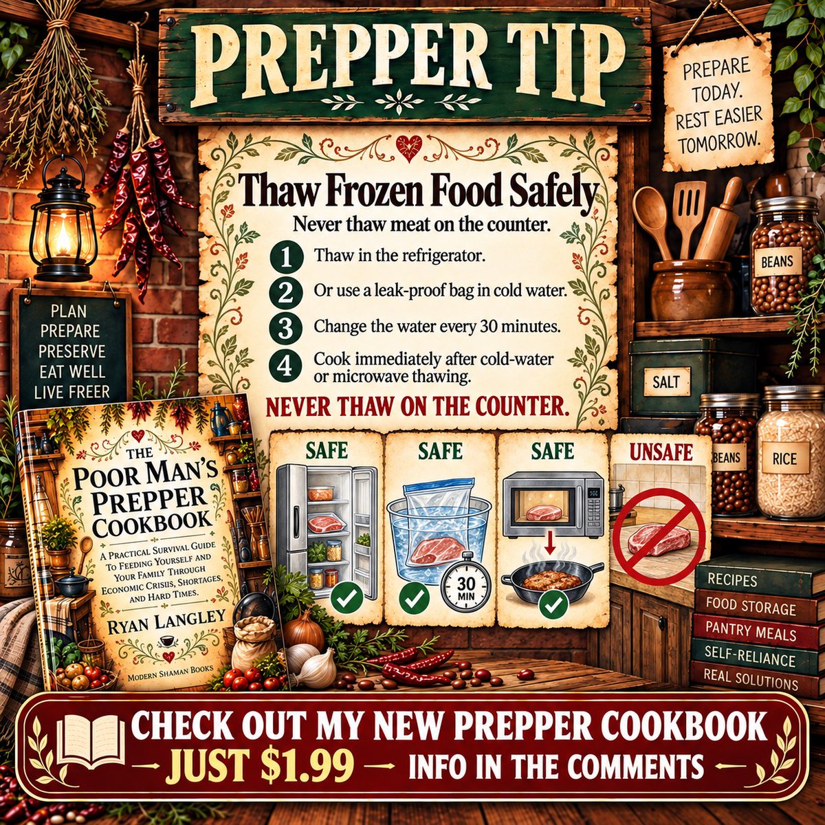ModernShamanX's tweet photo. #PrepperTip โ๏ธ Thaw frozen food in the fridge, never on the counter ๐ง Check out my new 181 page prepper cookbook for just $1.99 ๐ https://t.co/zRXCeib5Tj ๐ https://t.co/wNg5qNsjtI ๐ #Prepper #Survival https://t.co/xHGNH0vsEd