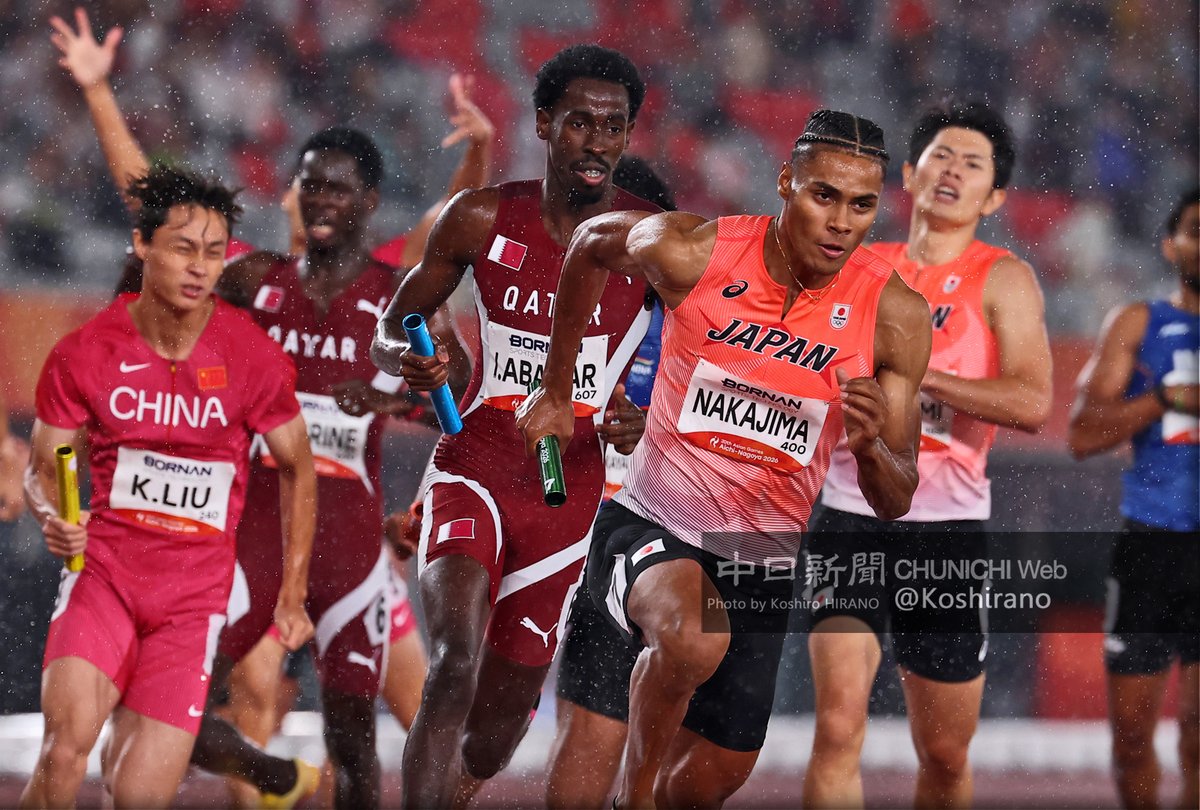 koshirano's tweet photo. 撮りました。 
陸上最終日！
🏅🏅最後は男子１６００ｍリレーで 金🏅🏅

#アジア競技大会 #愛知名古屋2026 #asiangames #asiangames2026   
 https://t.co/1YsRDJ6EIQ

愛知・名古屋アジア大会写真特集：東京新聞Web・中日新聞Web   
9月29日陸上
https://t.co/nDcNRPPVcw https://t.co/jBnWLi2T4O