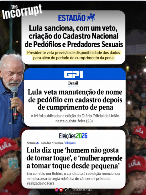 LunaBambam74's tweet photo. 🗣️GRAVE | LULA VETOU PERMANÊNCIA DE CONDENADOS EM CADASTRO E FAZ COMPARAÇÃO INACEITÁVEL

Lula sancionou a criação do Cadastro Nacional de Pedófilos e Predadores Sexuais, mas vetou o dispositivo que manteria públicos os dados dos condenados por dez anos após o cumprimento da pena. Com o veto, essas informações deixam de permanecer disponíveis durante esse período adicional.

Agora, durante um comício em Belém, ao falar sobre a resistência dos homens ao exame de próstata, Lula declarou que “mulher aprende a tomar toque desde pequena”.

A frase, ainda que dita em um contexto de prevenção ao câncer, foi inadequada e insensível. Meninas não devem “aprender a ser tocadas”: precisam aprender a proteger o próprio corpo, identificar abusos e procurar ajuda.

A sequência causa indignação: de um lado, o governo reduz o período de exposição pública dos dados de condenados por crimes sexuais; do outro, o presidente utiliza crianças em uma comparação absolutamente imprópria.

Proteção à infância não admite relativização. Criança é intocável.