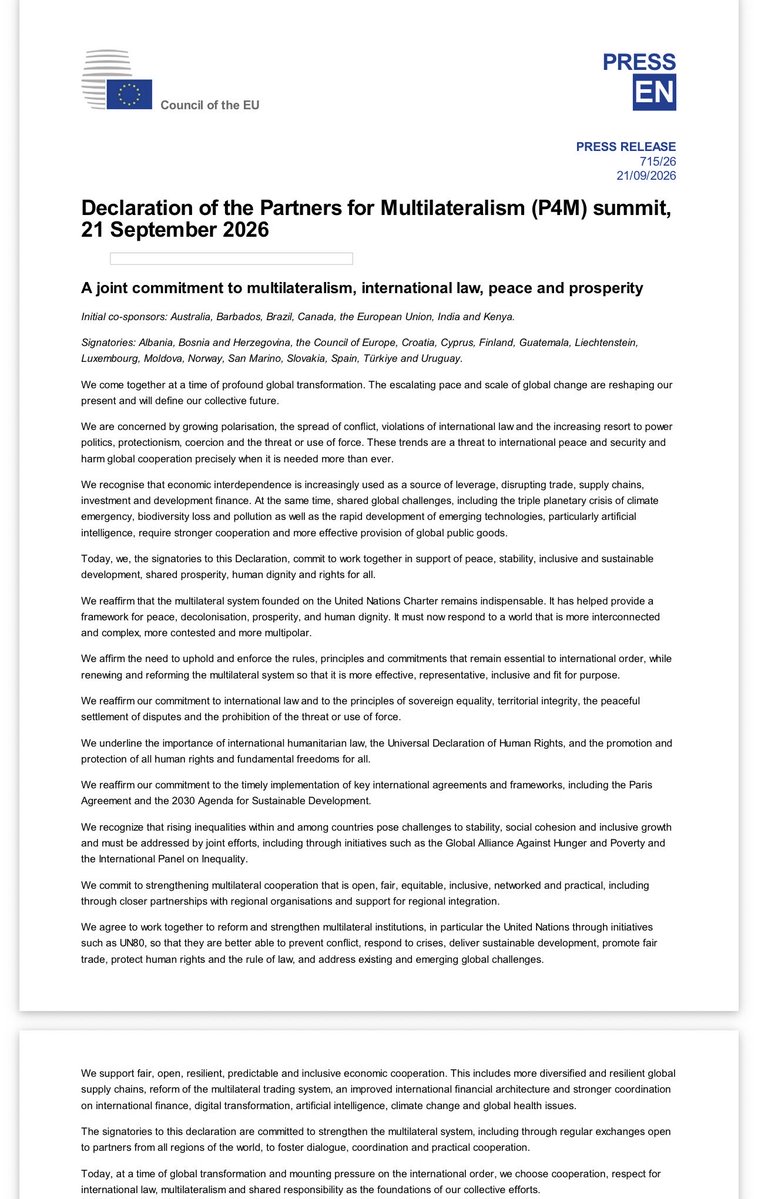 SingoeiAKorir's tweet photo. Kenya recently co-founded- with the EU, Canada, India, Brazil, Australia and Barbados- the Partnership for Multilateralism (P4M) launched during #UNGA81. The P4M Declaration is clear that while the UN has achieved a great deal over the last 80 years, it must reform now in order to “respond to a world that is more interconnected and complex, more contested and more multipolar,” as well as address our “shared global challenges, including the triple planetary crisis of climate emergency, biodiversity loss and pollution as well as the rapid development of emerging technologies, particularly artificial intelligence.” We look forward to working with all P4M founding members and subscribers as well as all interested actors to advance the intentions of this platform. @ForeignOfficeKE @EUinKenya @AusHCKenya @IndiainKenya @KenyaInCanada @barbadosinkenya