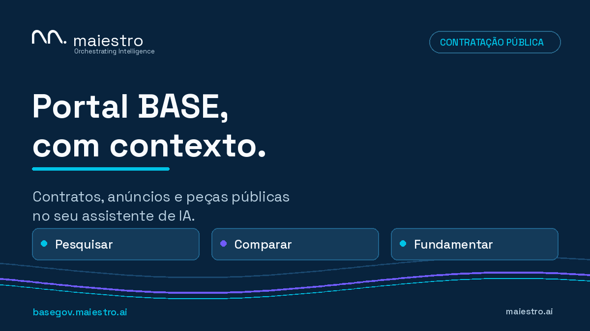 maiestroai's tweet photo. Encontrar o contrato certo no Portal BASE não devia exigir pesquisas dispersas. O BaseGov MCP leva contratos, anúncios e peças públicas ao seu assistente de IA, com ligação às fontes oficiais. Experimente: https://t.co/YHB3VsZ2b9 #ContrataçãoPública https://t.co/kowV6XT04T