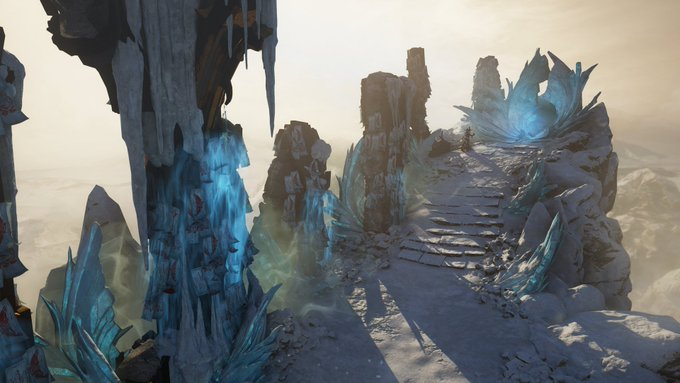 A frozen, mystical pathway winds through icy cliffs and glowing blue crystalline spikes, suggesting a harsh, otherworldly landscape suited for a challenging game environment. This atmospheric setting likely ties to the game's new "Glacier Bind" hotfix and Narin updates, hinting at icy terrain or frost-themed content in the patch.