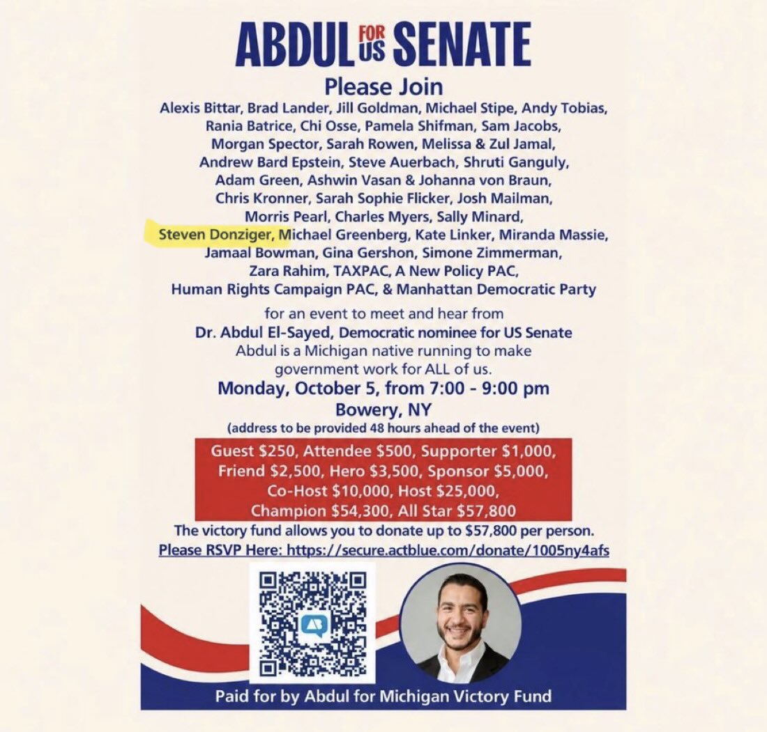 LauraLoomer's tweet photo. EXCLUSIVE:

🚨 Abdul El-Sayed’s October 5th NYC Fundraiser Is Being Hosted By A Disbarred Lawyer U.S. Courts Found Engaged in Bribery and Fraud 🚨 

Islamic communist US Senate candidate Abdul El-Sayed @AbdulElSayed is holding a fundraiser on October 5th in New York with a group of DSA members, Jew haters, far left donors, and climate change hucksters, including Steven Donziger. 

That association raises serious questions about Abdul’s judgment.

Donziger is a disbarred lawyer. New York’s Appellate Division stripped him of his license in 2020 after finding him guilty of “egregious professional misconduct.” A U.S. federal judge previously ruled that the $9.5 billion Ecuador judgment Donziger helped obtain against Chevron @Chevron was the product of fraud. 

In 2011, Chevron filed a RICO (anti-corruption) suit against Donziger in New York City. The case was heard by US District Judge Lewis A. Kaplan, who determined that the ruling of the Ecuadorian court could not be enforced in the US because it was procured by fraud, bribery, and racketeering activities.

The findings included ghostwriting a court-appointed expert’s report, witness tampering, coercion of judges, and bribery. Those findings were upheld on appeal.

Donziger was later convicted of criminal contempt of court for repeatedly defying court orders, including refusing to turn over electronic devices. He served time and spent nearly three years under house arrest. U.S. courts described a pattern of willful defiance and corrupt tactics by Dozinger.

His former Ecuadorian clients also fired him over questions about how tens of millions of dollars he raised in their name were spent.

Choosing to platform and fundraise with someone a U.S. court found engaged in fraud and bribery to “win” a legal case is not a small optics problem. 

This is further evidence that Abdul El-Sayed, who wants to Abolish the police, openly embraces illegal behavior and misconduct for personal gain. 

Voters in Michigan should ask why a US Senate candidate would attach his name to that type of criminal record.

RECEIPTS 👇🏻