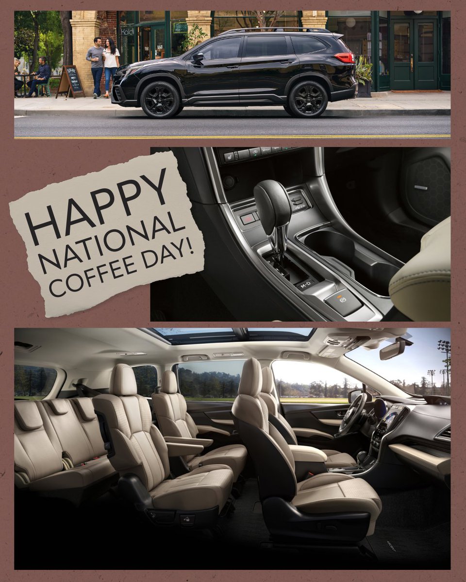 RHBSubaru's tweet photo. Make your National Coffee Day plans bigger with the Subaru Ascent. Bring up to 8 passengers and enjoy the convenience of 19 cup and bottle holders for everyone's beverages, if not 2. Let us help find your Ascent at Riverhead Bay Subaru: https://t.co/gclS2vZ6oo

#NationalCoffeeDay https://t.co/uh6oz9mNLR