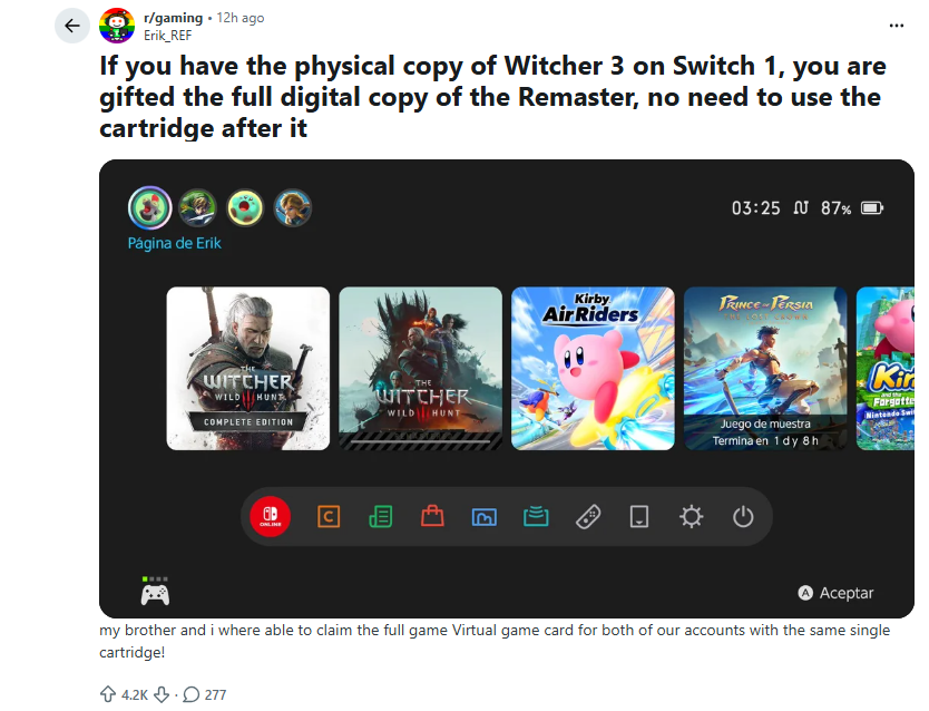 Wario64's tweet photo. The Witcher 3 Remastered (Switch 2) is free if you borrow a physical Switch 1 copy somewhere, like a public library or a friend (cart not needed after claiming free Remastered copy through the in-game menu)

Insert cart, update game, claim free copy in the game menu
 https://t.co/DZYpgxeNbu