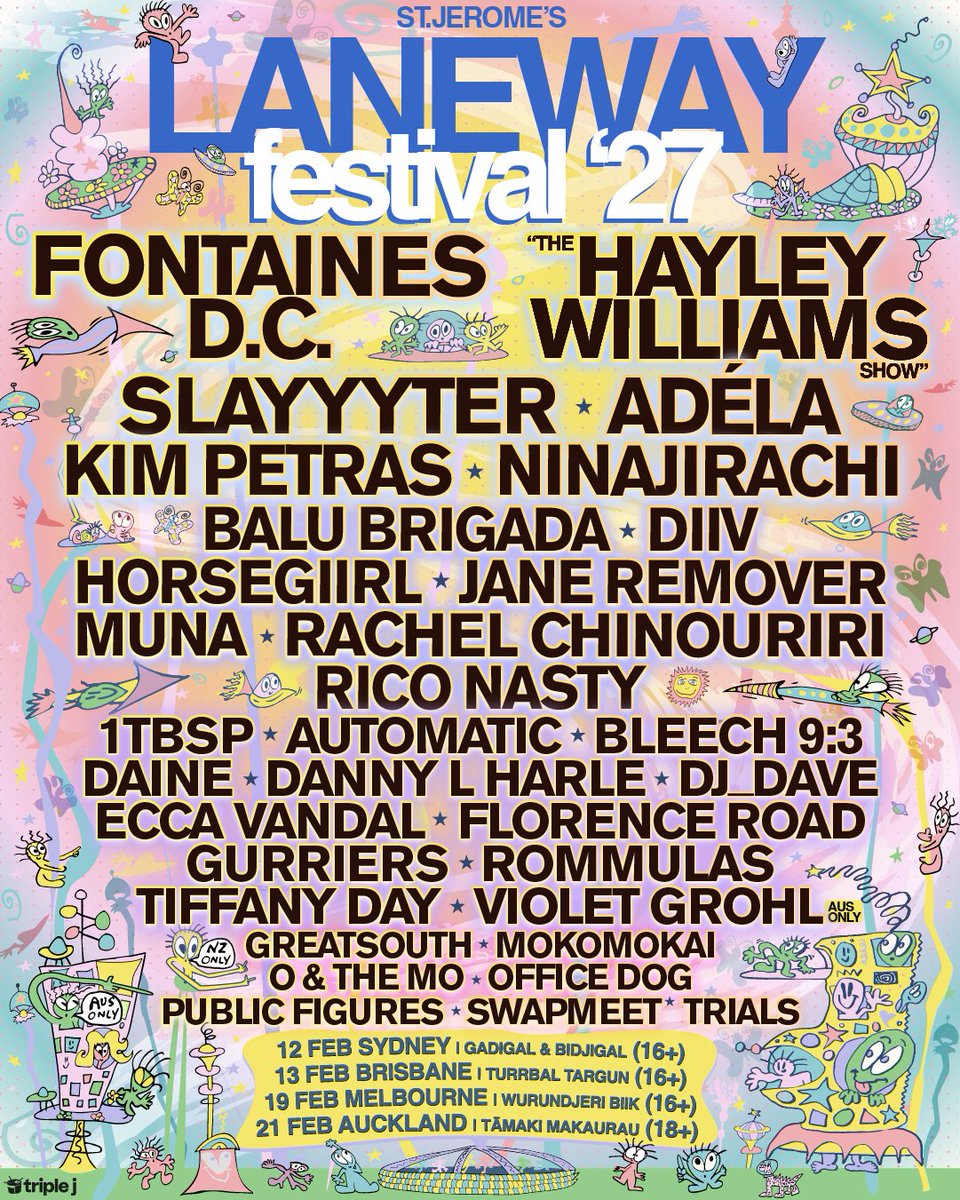 lanewayfest's tweet photo. 📷 IT'S HERE 📷 Your #Laneway2027 lineup has landed 📷
Sign up for pre-sale access here: https://t.co/Ddfh6hrETw
The Laneway Festival pre-sale, presented by Afterpay, is your only chance to buy tickets at 1st release prices.
Pre-sale starts Wednesday 7 October. https://t.co/OREoHnROdo