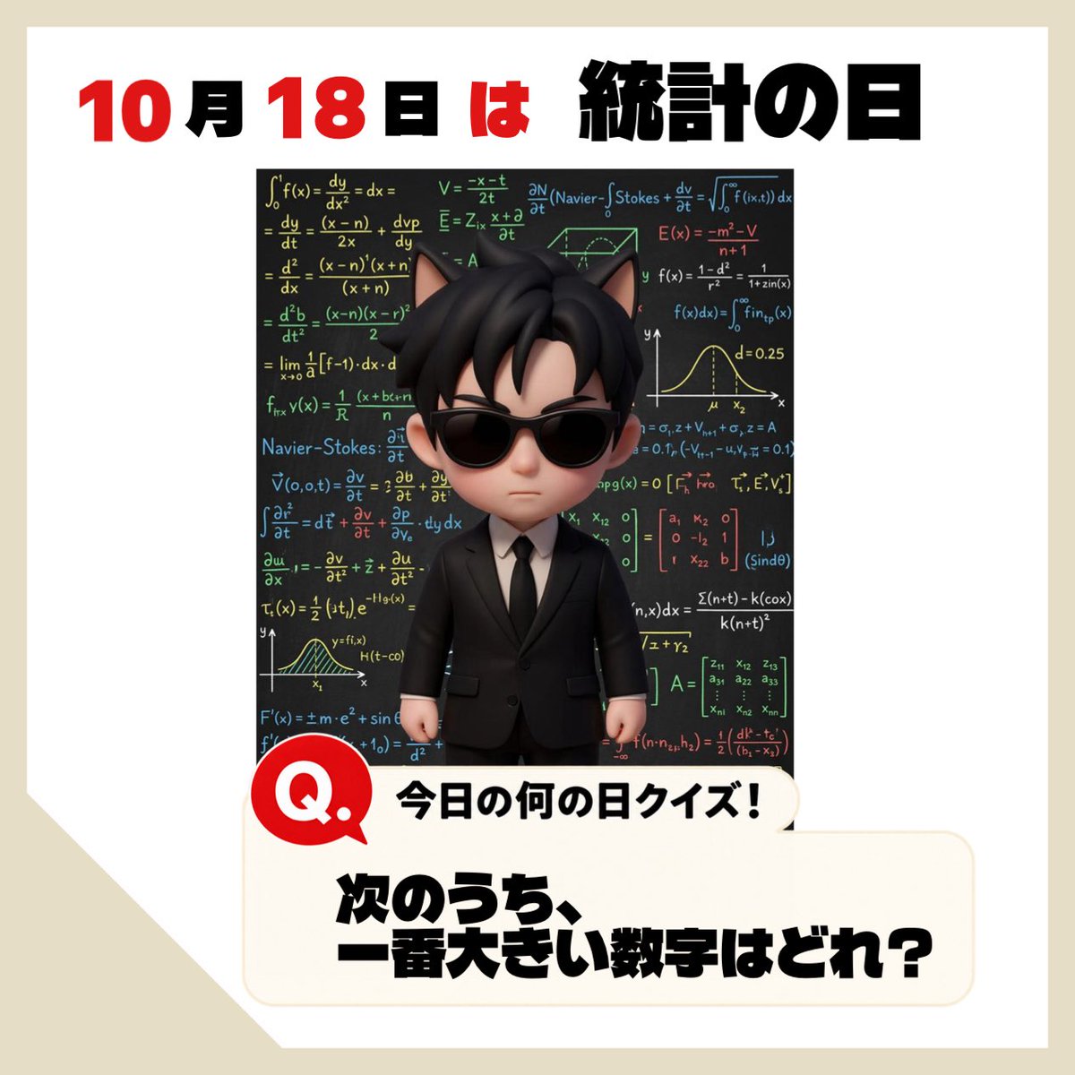 GeqQv's tweet photo. おはようございます😊

10月18日は「統計の日」📊

【今日の何の日クイズ！】

難易度 ☆☆★★★

次のうち、
一番“大きい”数字はどれ？

① 0.8
② 79％
③ 3/4

正解はどれでしょう？😊

テレビのニュース番組等で、この統計マジックにかなり騙されています。
だから算数も重要なんですよね。 https://t.co/f7PjKPTX5U