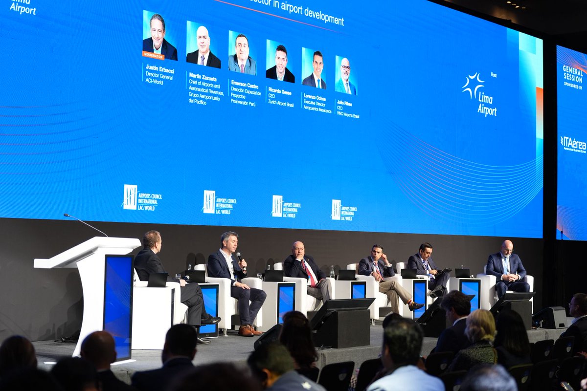ACIWorld's tweet photo. 🔴 What role can the private sector play in airport development?

At #WAGA2026, ACI World Director General Justin Erbacci moderates a discussion bringing together perspectives from across the region.

On the panel:

• Martin Zazueta, Chief of Airports and Aeronautical Revenues, Grupo Aeroportuario del Pacífico
• Emerson Castro, Special Projects Directorate, @ProInversionPe
• Ricardo Gesse, CEO, Zurich Airport Brasil
• Lorenzo Ochoa, Executive Director, @Aeropuertos_Mex
• Julio Ribas, CEO, VINCI Airports Brasil

#ACIWorld
@AeroJorgeChavez @ACI_LAC