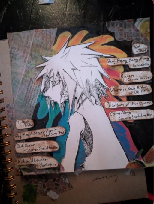 A mixed-media art journal page featuring a hand-drawn anime character with white hair, surrounded by painted flames and labeled paper tabs listing song titles and artists like 'Not - Thief', 'Bang Bang Bang Bang - Schoollkillz', and 'Come Along - Cosmo Sheldrake'.