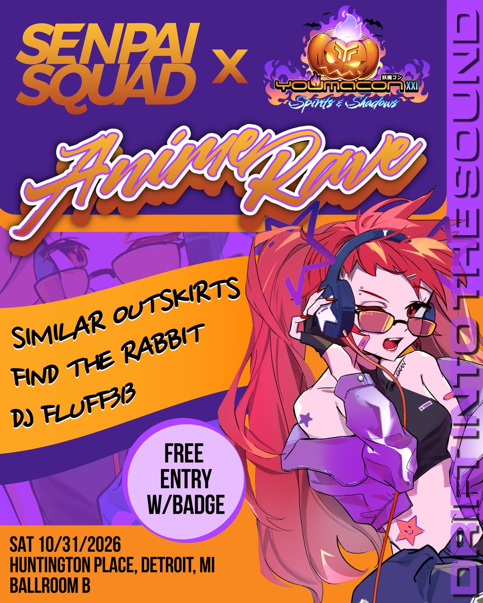 Youmacon's tweet photo. Get ready for an unforgettable Youmacon Saturday night takeover! Senpai Squad is bringing the party with Similar Outskirts, Find the Rabbit, and DJ Fluff313, delivering high-energy music, incredible performances, and a night you won’t want to miss. Keep the Youmacon energy going and dance the night away right here in Huntington Place!  

Happening in Ballroom B in Huntington Place on October 31st, 2026 at 9 pm!  

Free entry with your badge! Only clear bags allowed!