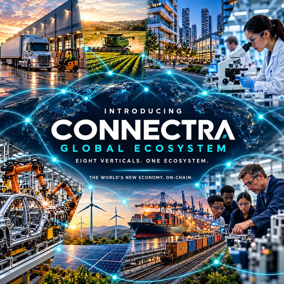ConnectraHQ's tweet photo. Introducing Connectra.

THE WORLD’S NEW ECONOMY. ON-CHAIN.

We’re building a vertically integrated ecosystem across logistics, global agriculture, real estate, medicine &amp; healthcare, manufacturing, energy, multimodal commerce and education.

Eight industries. One vision. https://t.co/ZnBhtyRb7E