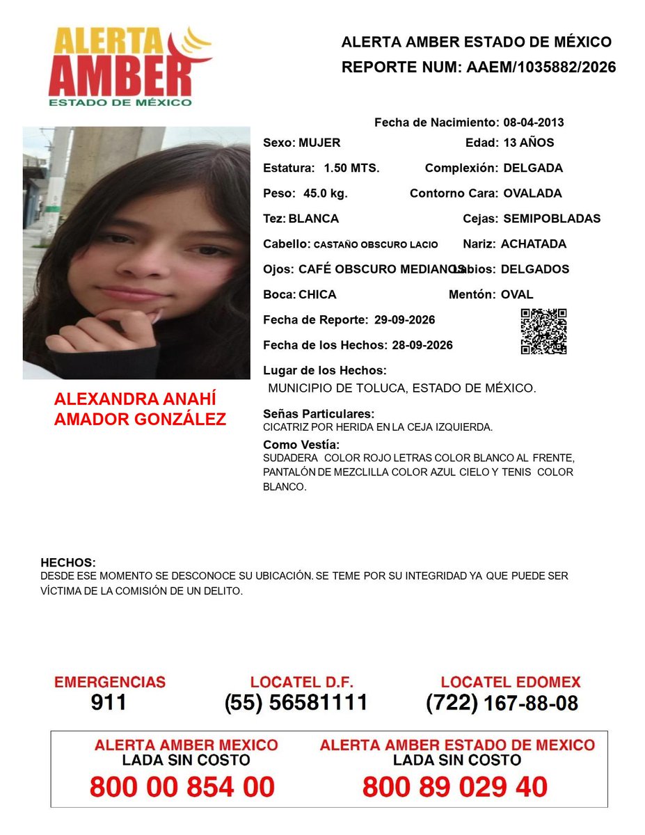 FiscaliaEdomex's tweet photo. 📍Tu apoyo es importante, ayúdanos a difundir, cualquier información para localizar a la siguiente persona comunícate al 📞 800 890 2940 Alerta Amber EDOMEX y ☎️ 800 7028 770 #FiscalíaEdoméx. https://t.co/B0F3ubLyil