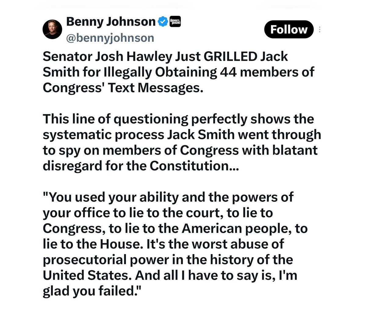 GenoVeno73's tweet photo. LET ME BREAK THIS DOWN for everybody, bcos we all know this whiny little Russian bitch @bennyjohnson and @HawleyMO aren't gonna tell you the truth.

During Special Counsel Jack Smith's investigation - known as "Artic Frost" - a grand jury subpoena was issued for companies like AT&T, Verizon, etc., requesting phone "toll" or "metadata" records (dates/times of calls, who called whom, durations, possibly location-based routing info) of about 8 Republican Senators — but that subpoena did NOT include the actual content of those calls or texts.

Under United States v. Sells Engineering, Inc., (1983), the U.S. Supreme Court ruled:
"Although the present Rule 6(e) is a considered judgment by Congress about the competing needs for grand jury secrecy and for effective use of grand jury materials, it accepts the same principle: that the only use to be made of grand jury materials by 'ATTORNEYS FOR THE GOVERNMENT' is in connection with the criminal prosecution to which the materials pertain."
[Emphasis My Own]

In other words, the prosecutor (ie, Jack Smith) acts as the agent of the grand jury in criminal investigations. Jack Smith did not issue the subpoena under his personal authority, but as the legal representative of the grand jury, whose mandate is to investigate potential federal crimes in order to rule on an indictment.
[18 U.S.C. § 3332 states:
(a)It shall be the duty of each such grand jury impaneled within any judicial district to inquire into offenses against the criminal laws of the United States alleged to have been committed within that district.]

That is to say, the grand jury subpoena for these assholes phone records (and those of other Republicans) was formally signed by the Clerk of the Court and/or issued with a prosecutor's signature (Jack Smith), but its legal authority came from the grand jury under the direction of Jack Smith's team.
Under Federal Rule of Criminal Procedure 17(a):
"The clerk must issue a blank subpoena—signed and sealed—to the party requesting it, and that party must fill in the blanks before the subpoena is served."

Now, the issue of Article I, Section 6, Clause 1 - known as the Speech or Debate Clause - comes into question:
"For any Speech or Debate in either House, [Members of Congress] shall not be questioned in any other Place."

That Constitutional Article has been interpreted by the Supreme Court to mean that lawmakers are immune from being compelled to testify or provide evidence about their LEGISLATIVE ACTS. Those are key words.

I say legislative acts are key words bcos under United States v. Brewster (1972) — the Court distinguished between legislative acts (which are Constitutionally protected) and political or criminal conduct (which is not protected).

The Court made it clear, that a member of Congress can be prosecuted for actions or crimes, that are "not part of the legislative process."

Hence, at the direction of the grand jury, Special Counsel Jack Smith was able to subpoena Republican members records as part of a criminal investigation.

Jack Smith did NOT break, nor violate, any law. He did NOT act outside his scope as Special Counsel and bounds. He followed the law.

👇👇👇👇
