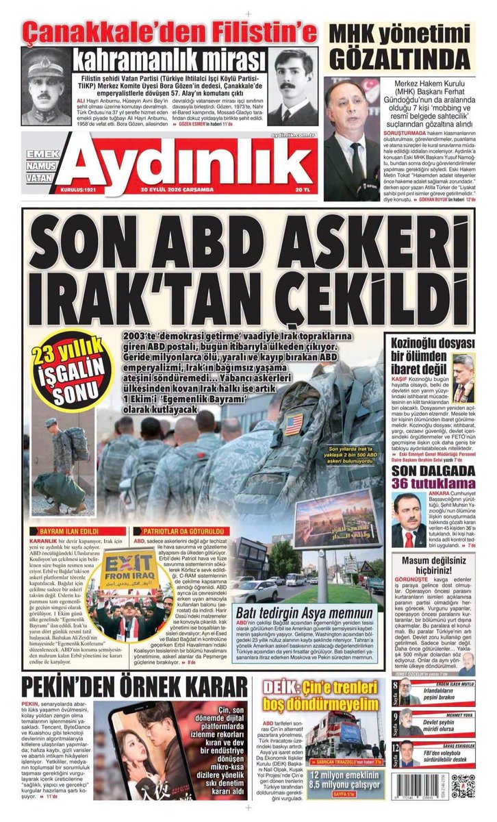 vatanpartisi01's tweet photo. "23 Yıllık İşgalin Sonu  
SON ABD ASKERİ IRAK'TAN ÇEKİLDİ"

#Aydınlık – 30 Eylül 2026
Emperyalizmle Mücadele Edenlerin Gazetesi

Gerçekleri AYDINLIK Yazar 
https://t.co/juNnnVRIgP https://t.co/n1U9zg6mNT
