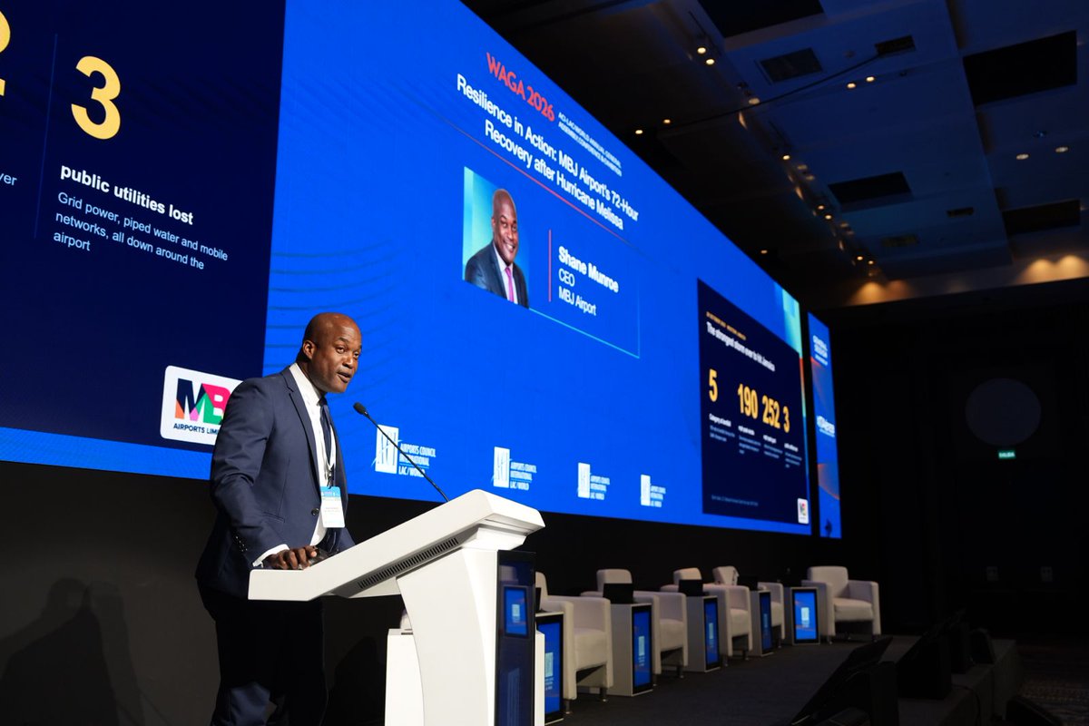 ACIWorld's tweet photo. 🌀 Closing out Day 2 of #WAGA2026 with a story of resilience and recovery.

Shane Munroe, CEO of MBJ Airports Limited (@MBJAIRPORT), takes the stage to share how MBJ Airport recovered in just 72 hours following Hurricane Melissa.

#ACIWorld

@AeroJorgeChavez @ACI_LAC https://t.co/3Li03bmU41