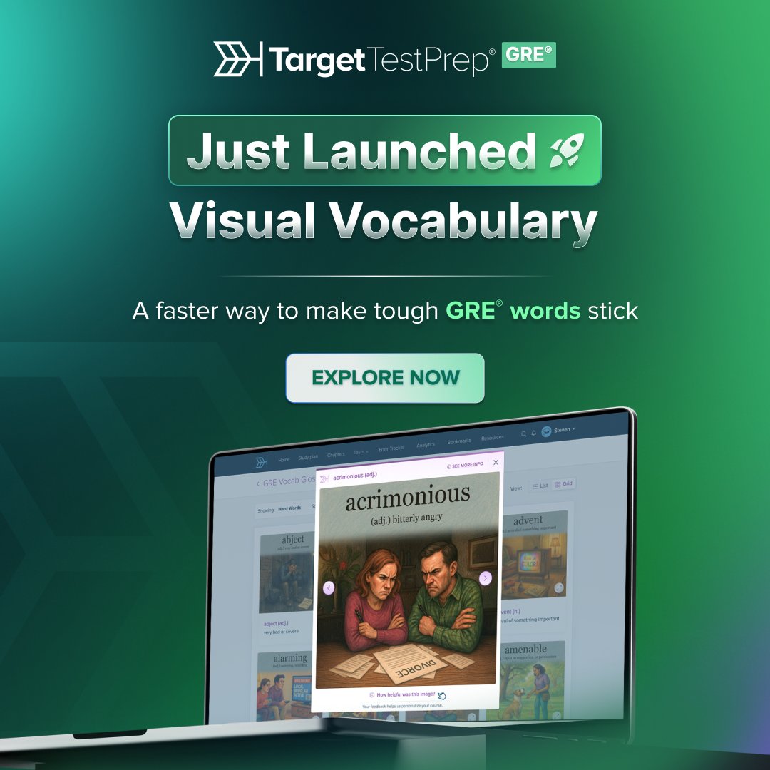 TargetTestPrep's tweet photo. Learning vocabulary is one of the most difficult and tedious parts of GRE® Verbal prep. You scroll through long lists of words over and over. You flip through flashcards again and again. When test day comes, the definitions do not always stick.

TTP Visual Vocabulary makes learning GRE® vocab simpler and more engaging. Each word is accompanied by a clear image that adds context to the definition and helps anchor the word in your mind.

So, what are you waiting for? Sign up for a full-access, risk-free 5-day trial for FREE and start learning tricky GRE® vocab words now: https://t.co/QACrmCz5KD

#GRE #GREVerbal #GREVocab #GREPrep #TargetTestPrep #TTP #PrepareWithTheBestRockTheTest