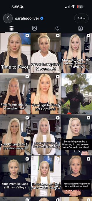 The image shows an Instagram profile for "sarahsoliver" featuring a grid of her reels, with captions like "Time to Pivot!", "Growth requires Movement!", "Your Sign to Finally get Baptized!", and "Your Future is ONE Decision away!" — all showing a blonde woman speaking directly to the camera, fitting the "still giving barbie" comment about her polished, glamorous appearance.