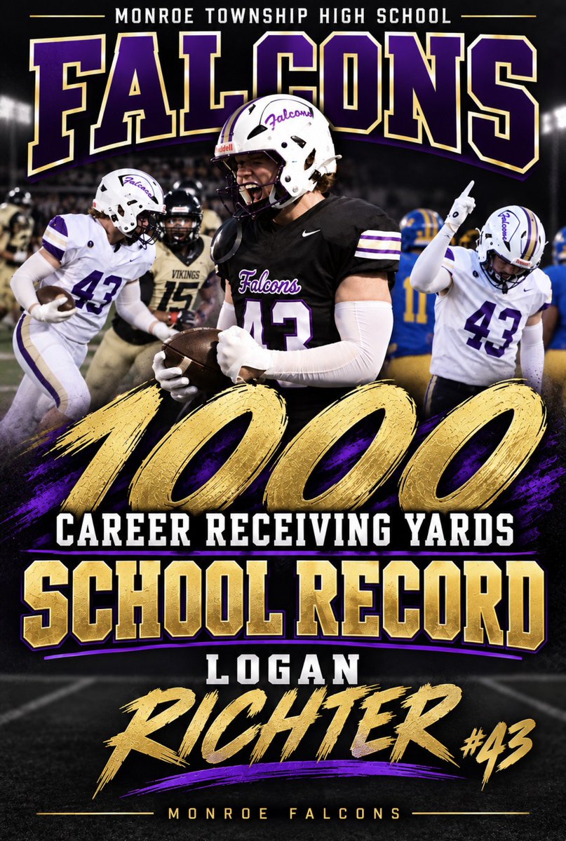 loganrichter43's tweet photo. Honored to reach this milestone and break this record while representing my school. Couldn’t have done it without my teammates and coaches over the past 4 years. @Monroe_FalconFB https://t.co/sOECpFNCet