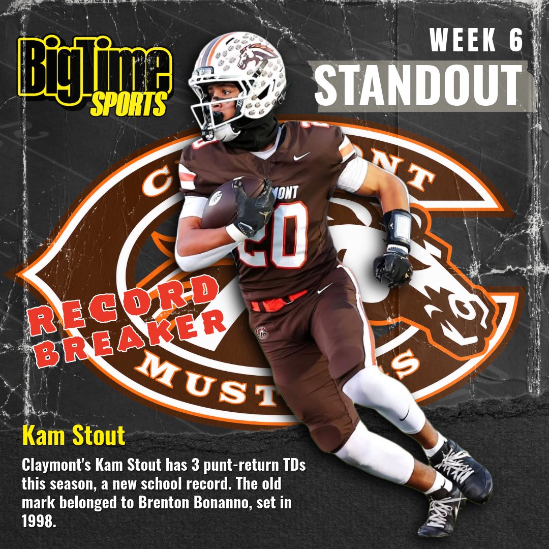 btsohio's tweet photo. Kick it to Kam at your own risk. 🚨

Claymont's Kam Stout has 3 punt-return TDs this season, a NEW school record, breaking Brenton Bonanno's 1998 mark. 📈

📸: Claymont Football (FB)

#BTSWeek6Standouts #TuscSports #OhioHSFB https://t.co/S0OKcdO7my
