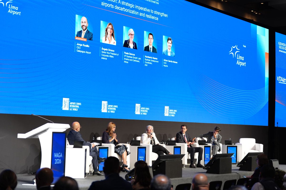 ACIWorld's tweet photo. 🌱 The afternoon conversation at #WAGA2026 turns to the energy transition and its role in strengthening airport decarbonization and resilience.

On the panel:

- @orozco_angela, Senior Vice President of Corporate Affairs (@avianca)
- Paula Daroca, VP, Business Growth, Latin America and Caribbean, @Airbus
- Humberto Suarez, Business Development Coordinator, @ASA_Aero
- @aviationarturo, COO, @Avports

Moderated by Jorge Rosillo, CEO, @aerogalapagos

Sponsored by ASA.

 #ACIWorld
@AeroJorgeChavez @ACI_LAC