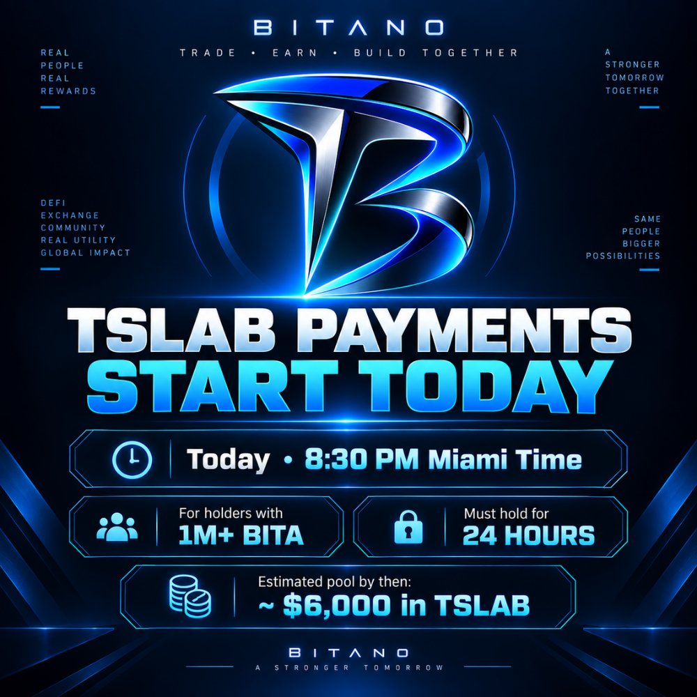 Bitano_bsc's tweet photo. TSLAB payments start today at 8:30 PM Miami time. 

Holders with 1M+ $BITA who hold for 24 hours will be eligible.

Estimated rewards pool by then: around $6,000 in $TSLAB.

TSLAB Contract (BSC): 

0x5b1910eaad6450e50f816082aa078c41f10c292f

Bitano keeps delivering. 

#BITA #TSLAB #BSC #DeFi