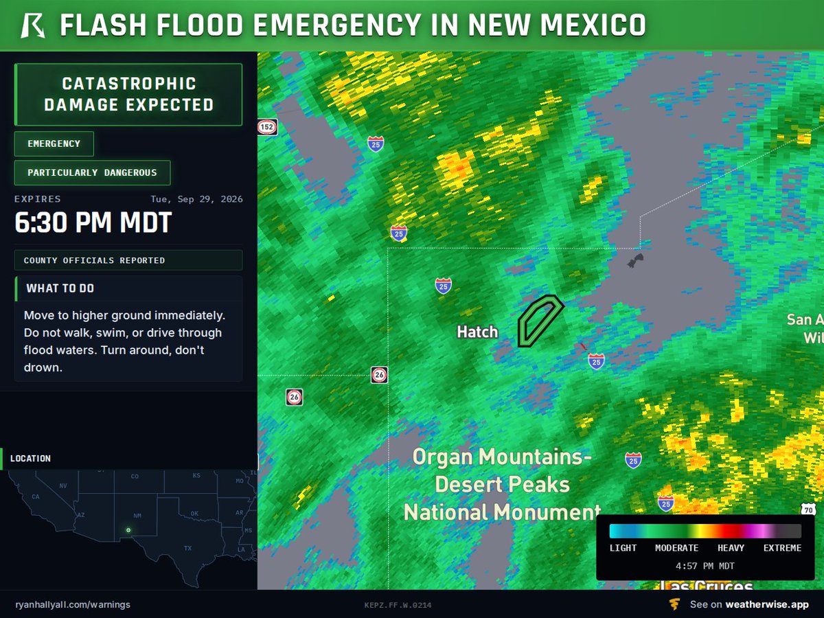 ryanhallyall's tweet photo. Get to higher ground right now if you're in Rincon, New Mexico. The Rincon Arroyo has breached its levee near the water treatment plant and floodwaters are moving into structures, this is a flash flood emergency until 6:30 PM MDT and it's not a warning you wait out. https://t.co/6vksaw5zG6