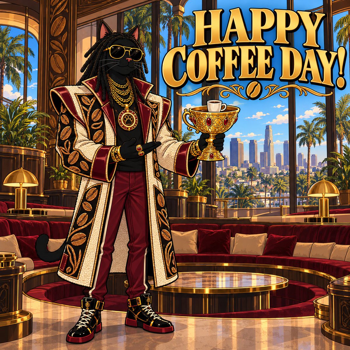 airamcita's tweet photo. 🎤 SNOOPCAT — “Happy National Coffee Day. My espresso is tiny, Italian and guarded like the launch codes. The cup holder is solid gold, naturally.”

#NationalCoffeeDay #SnoopCat #FashionIcon #RapperStyle #CelebrityFashion #CatHumor #BeverlyHillsCatSquad #beverlyhills #CatComic https://t.co/WRoN9URwkE