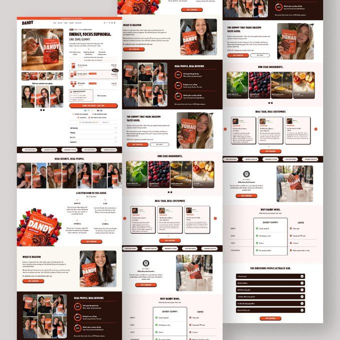 A comprehensive webpage design layout or mockup for a gummy brand named 'DANDY', featuring multiple sections including 'WHAT IS DANDY', 'REAL PEOPLE, REAL REVIEWS' with testimonial photos, 'FOR YOUR INGREDIENTS', 'WHY DANDY WINS', and a comparison table.