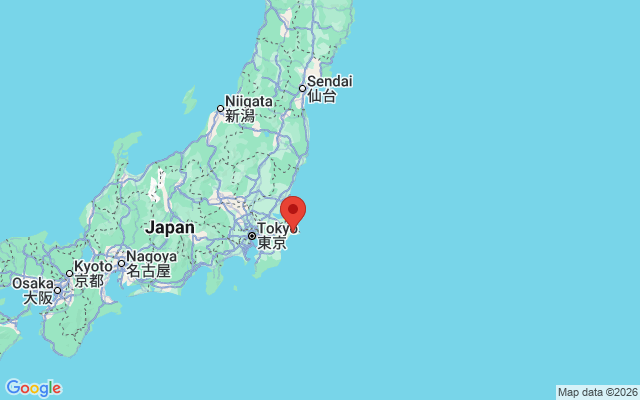 A Google Maps view of Japan with a red location pin placed east of Tokyo. Labeled cities include Sendai, Niigata, Tokyo, Nagoya, Kyoto, and Osaka.