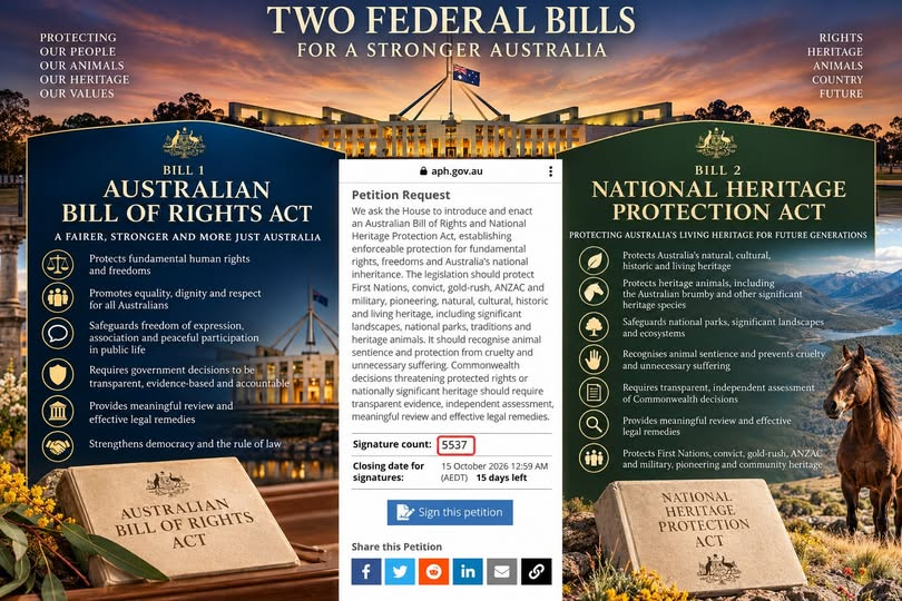 CATOM2666's tweet photo. Closing: 15 October 2026 at 12:59 AM AEDT
Petition request: an Australian Bill of Rights and National Heritage Protection Act, including protections for heritage, animal sentience, transparency, independent assessment, review and legal remedies.
https://t.co/PhMzbYwOcp... https://t.co/td8EablWmD