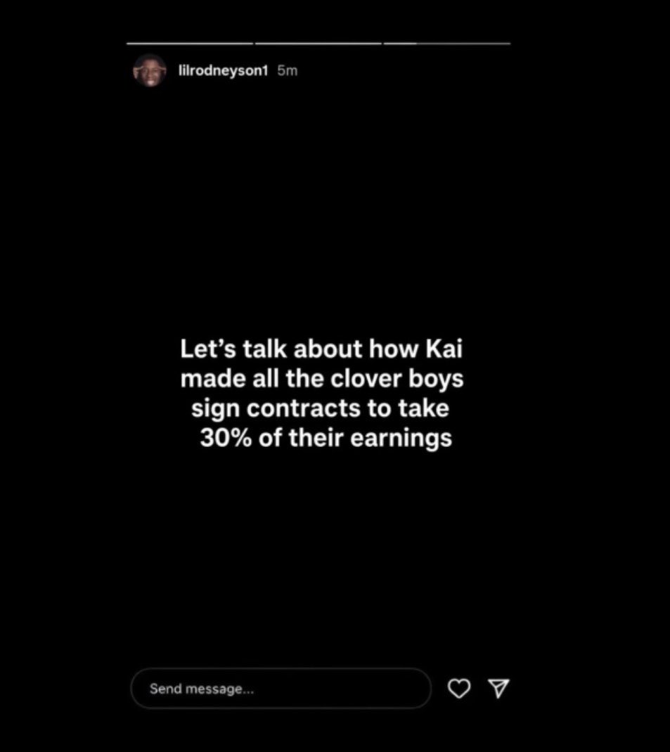 clippedhubb's tweet photo. Reggie claims in a recent Instagram story that Kai Cenat made all the Clover Boys sign contracts giving him 30% of their earning 😳 https://t.co/obpjmvg4xV