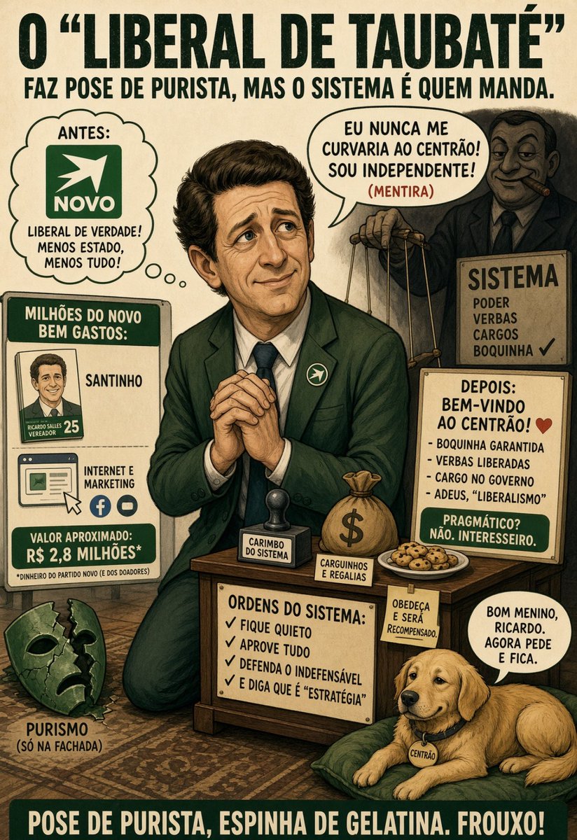 RadarDoFarol's tweet photo. Olha aí o suco da hipocrisia: o 
'Liberal de Taubaté' torrou R$ 3 milhões do fundo partidário fingindo ser o purista da nova direita, mas peidou 💨na reta final.
Desistiu da candidatura para se deitar no mesmo lençol da velha política. 
Essa 'dobradinha de buchada' é o retrato da covardia: posa de leão na internet, mas se ajoelha pro establishment na primeira piscada de olho em troca de boquinha futura.

🚨Caro eleitor, Nessas Eleições fique em casa… porque o 'liberal de Taubaté' já fez o serviço completo por você!
Até dias atrás, Salles atacava abertamente André do Prado nos debates e nas redes, chamando-o de "marionete", "infiltrado que se finge de direita" e "filhote do Valdemar", lembrando que Prado já apoiou Dilma Rousseff, Mercadante e o PT 
na Alesp🤡.
Sumiu com o dinheiro público e agora pede para VOCÊ 🫵 votar nessa tranqueira,enquanto você trabalha pra pagar tudo isso.É muita cara de pau você não acha?
Chega de alimentar essa cambada de ratos 🐁.
NESSAS ELEIÇÕES, FIQUE EM CASA!
#DiaQuatroDeOutubroFiqueEmCasa