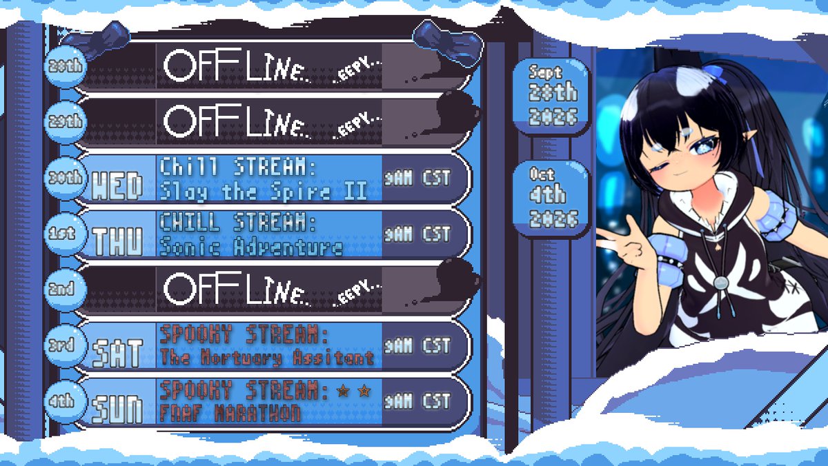ShachikoKaihou's tweet photo. ⠀⠀⠀⠀⠀⠀  ⠀🌊 SCHEDULE 🌊
︵‿︵‿︵‿︵‿୨⋆☆⋆୧‿︵‿︵‿︵‿︵
I'm SO EEPY BUT I FINALLY GOT THE SCHEDULE DONE OMG HERE YOU GO 9AM CST 
(ignore monday okay??)

WED: Slay the Spire II
THU: Sonic Adventure
SAT: The Mortuary Assistent
Sunday: FNAF MARATHON (1+2+3?) https://t.co/V4z5Z7LdYV