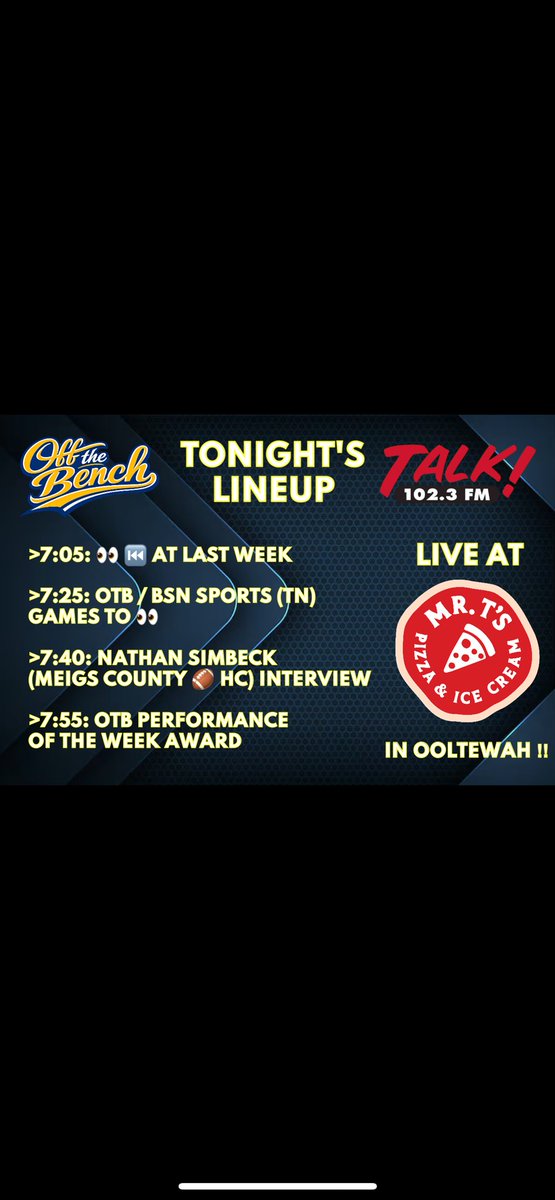 TheJeffCate's tweet photo. 👋 from Mr. T’s �� &amp; 🍦 in Ooltewah for another road show edition of @OTB423 Radio on @TalkRadio1023 &amp; https://t.co/TgpheG5OBa (7-8p)

@MeigsCountyFB head coach @CoachSimbeck will join us… tune in with @sportscowboy &amp; I as we talk some 🏈 &amp; more! https://t.co/R3vkP98RB0