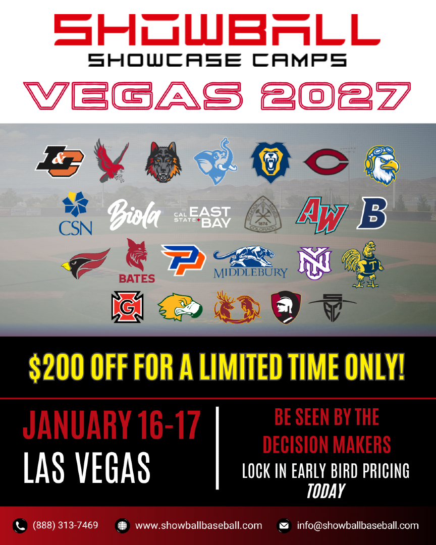 ShowBallCamps's tweet photo. Showball is taking over Vegas in 2027! Be seen by decision-making coaches &amp; take advantage of our early-bird pricing- $200 off for a limited time only. *More schools to be added*
Registration available at https://t.co/SR8u0PrRz3
#showballbaseball #collegebaseball  #showball https://t.co/WNHmZADuV6