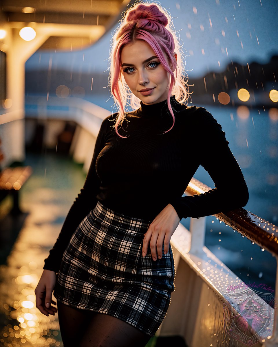 SkyeDigitalTale's tweet photo. The rain started ten minutes ago and neither of us has suggested going inside. Walk to the end of the boardwalk and back with me? 😊🩷
---
Check out my links and follow for more 😉🩷
#aiart #aigirl #digitalart #digitalillustration #Skye #pinkhair #blueeyes #turtleneck #blacktop #plaidskirt #miniskirt #tights #rain #flirty