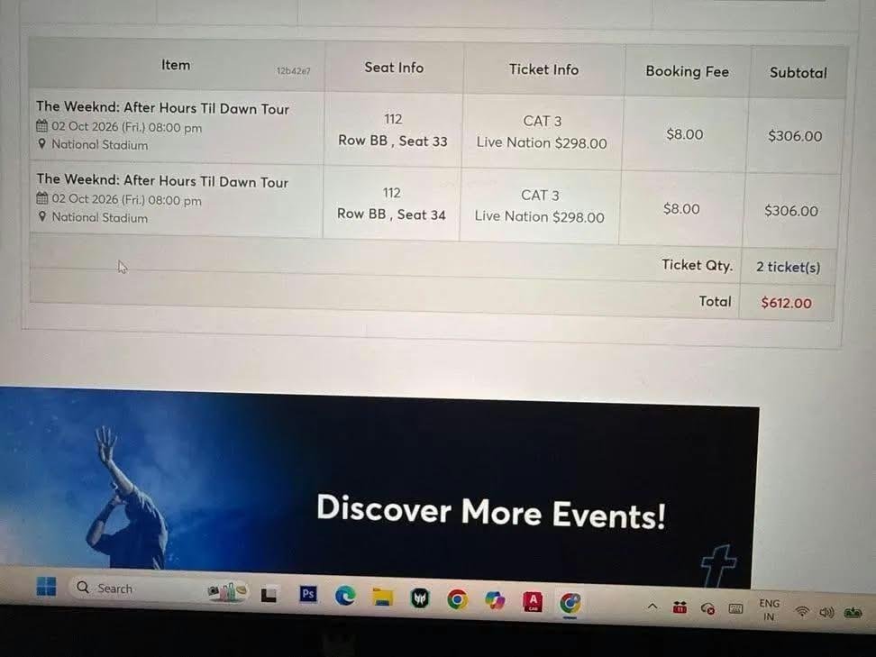 TixoraX's tweet photo. Hii
I got weekend singapore tickets 2nd OCT 2026
Section : 112 (Front Row)
Row :BB
Let me know of ur interested
Got 2 tickets together.

SGD 290 per ticket!!

Selling at a lower price than the original price!!
#theweeknd #theweekndinsg #wts #theweekndasiatour2026 https://t.co/OLyv9OYB8C