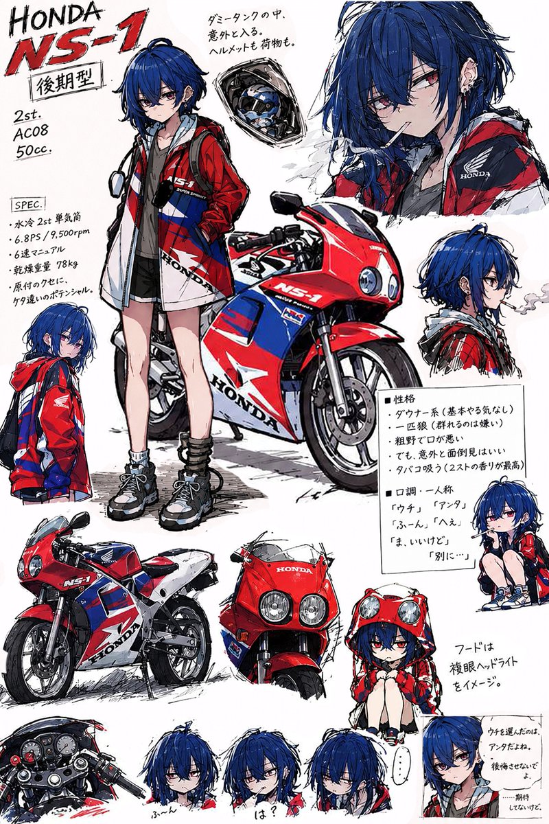KickmeSR400's tweet photo. 現在掲載中のNS-1の物語に登場する擬人化少女、その色々なカットをGemini先生に描いてもらいましたー

カワイイ、、、

#バイク擬人化 https://t.co/Mu8jsKh6zf