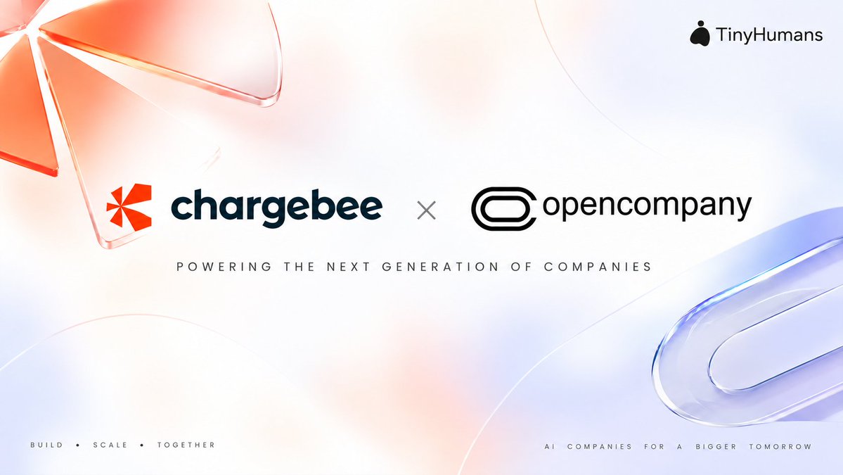 tinyhumansai's tweet photo. AI agents can build your company.
But a company isn't a company until it can make money.

@tinyhumansai OpenCompany × @chargebee 🤝

We're bringing Chargebee's revenue infrastructure into OpenCompany, so AI-run companies can go from building to pricing to monetizing.

The one-person company stack is coming together.