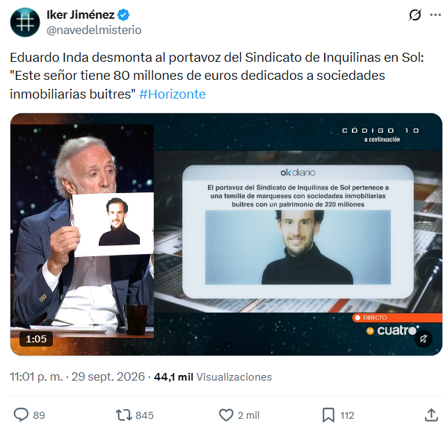 JulianMaciasT's tweet photo. En el programa de Iker no solo se burlan de una desahuciada con "Hasta luego Mari Carmen" o blanquean a los que la desahuciaron, también están atacando con mentiras a los portavoces del sindicato de inquilinas.
Vaya estercolero. https://t.co/Uy2WsxKdwG