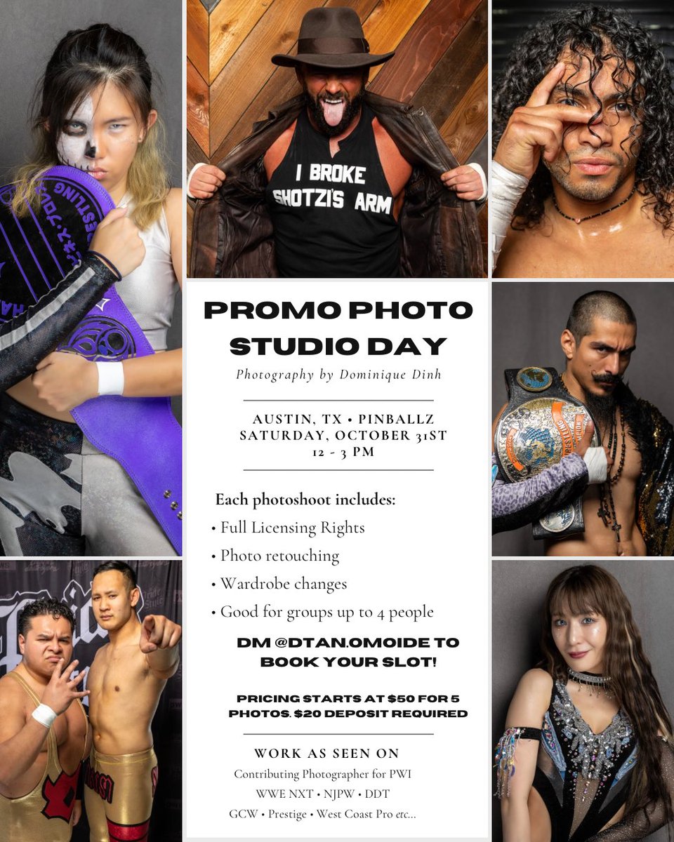 dtan0914's tweet photo. Austin, TX pro wrestlers! 
Join me for a promo day at Pinballz Lake Creek October 31st from 12 - 3 PM. I am lugging my entire studio setup all the way to Texas, so tell your friends, family, partners, and whomever to book a time slot with me. 

Photo packages start at just $50. https://t.co/lT1SXRwCia