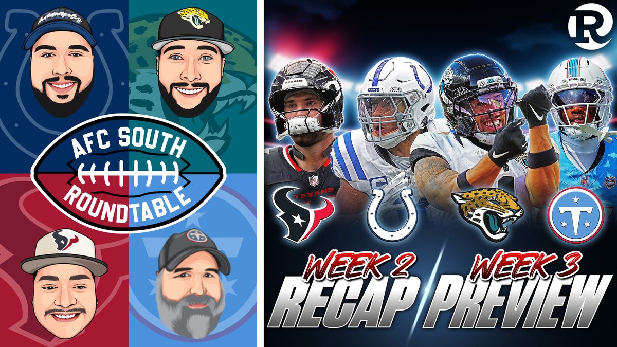 AFCSRoundtable's tweet photo. 🚨The AFC South Roundtable is LIVE NOW!!🚨 

🎤Hosts: 
@UCF_Jaguar #DUUUVAL        
@713HouSports #HTownMade        
@derek_larger #ForTheShoe        
@thepowerhour615 #TitanUp        

Link below⬇️
https://t.co/dJoYvTENwm https://t.co/tbAMNNXCGc